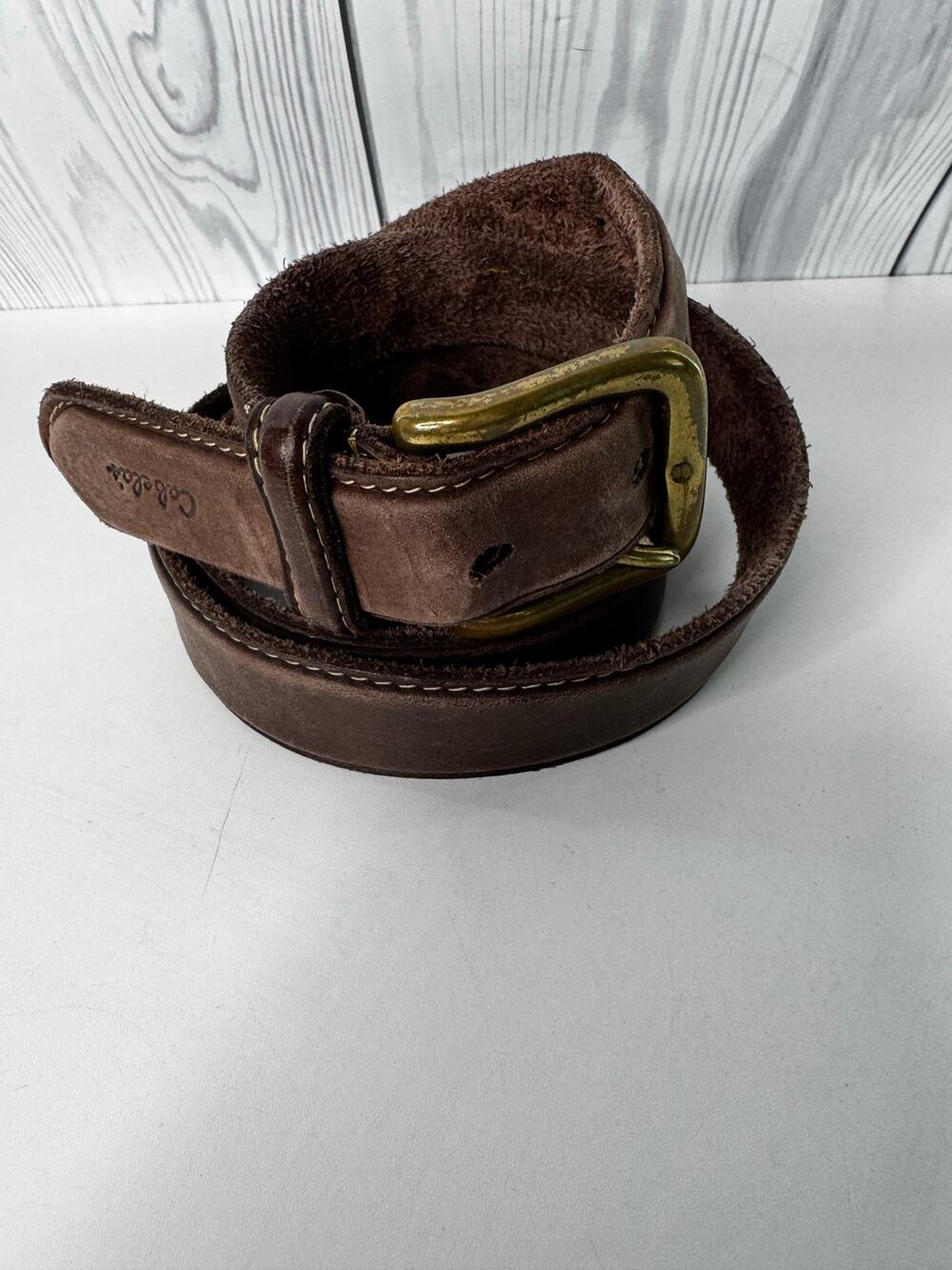 Vintage Cabela Soft Brown Leather Belt Solid Brass Buckle Size 50